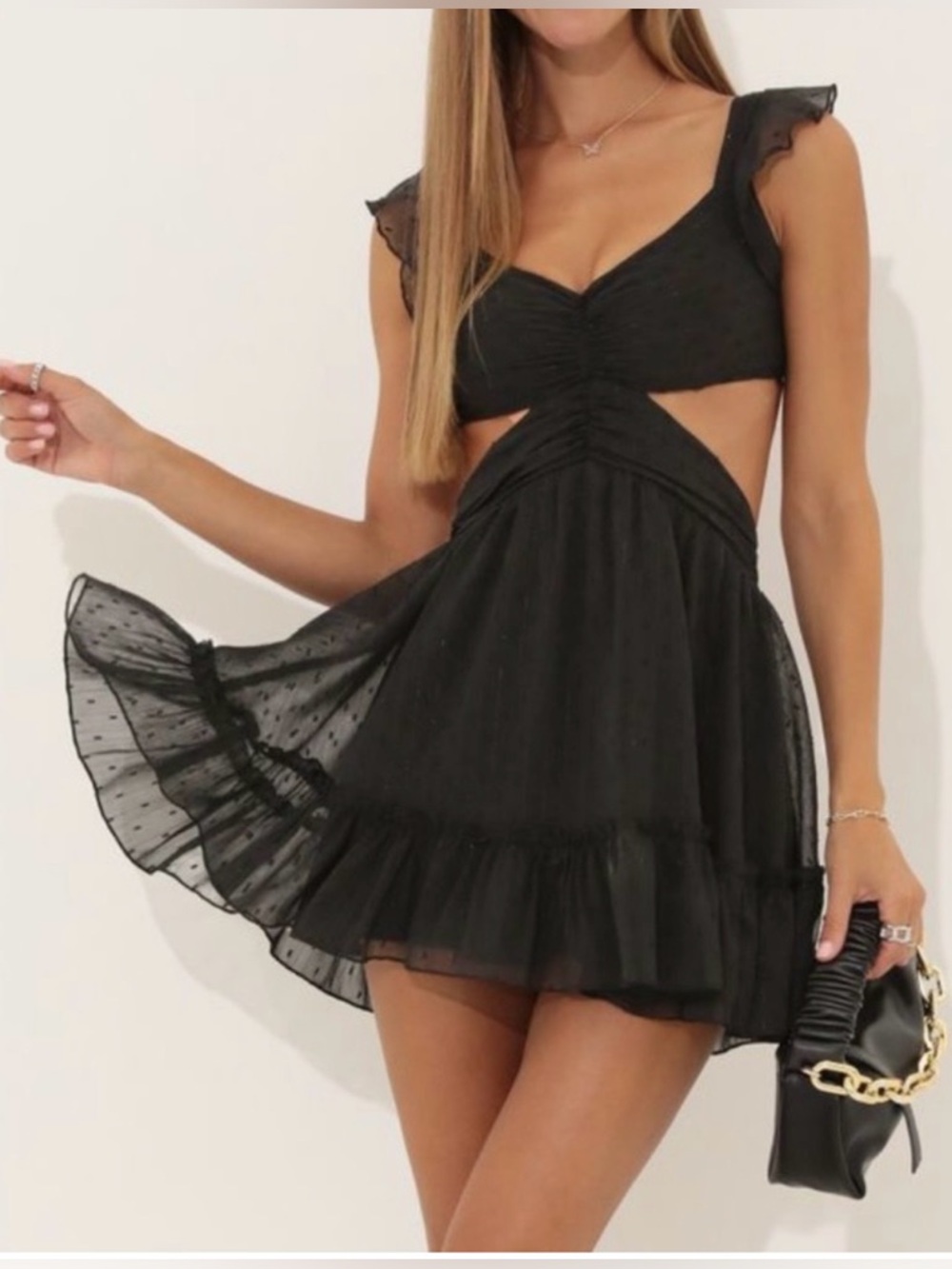 Lucy in the Sky Carolyn Chiffon Striped Ruffle Dress Black Sparkle Size M/L